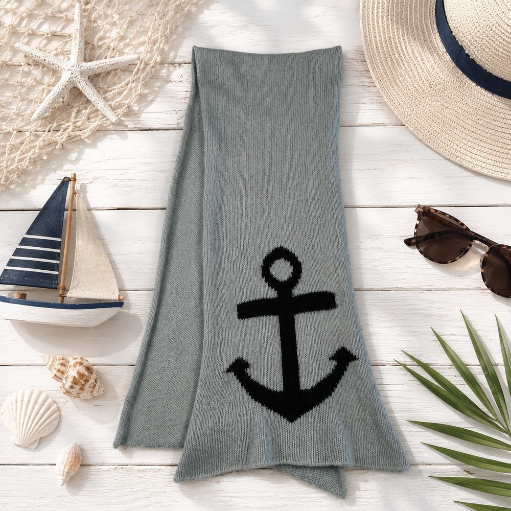 Wooden Ships Paola Buendia Blue Grey Anchor Knit Scarf Nautical Coastal